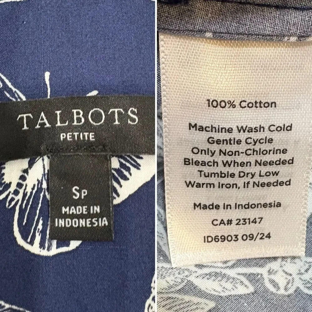 Talbots Navy Blue Floral Butterfly Boxy Short Sleeve Top Size SP Petite